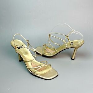 Stuart Weitzman Gold Strappy Heeled Sandals with Rhinestone Details US 9